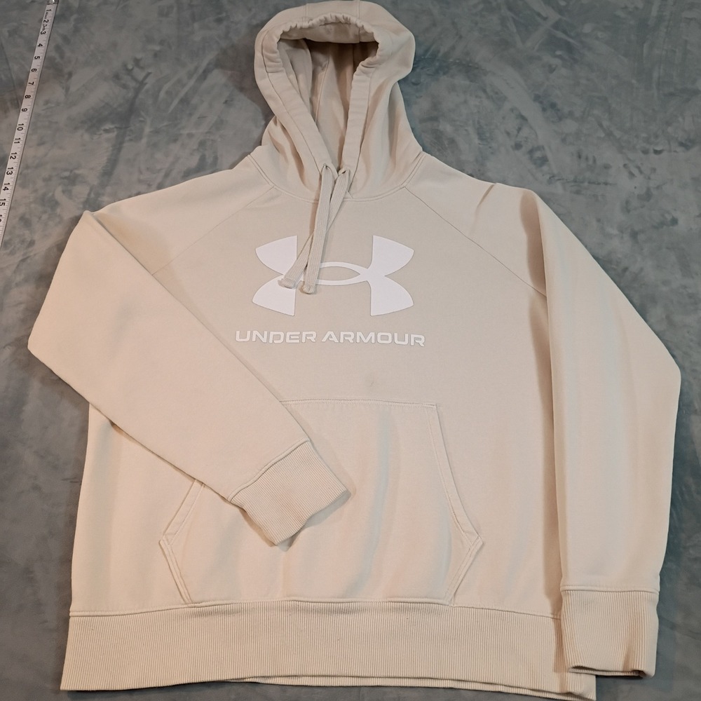 Under Armour Women Rival Fleece Hoodie Beige Cream Logo Pullover Small Loose Fit